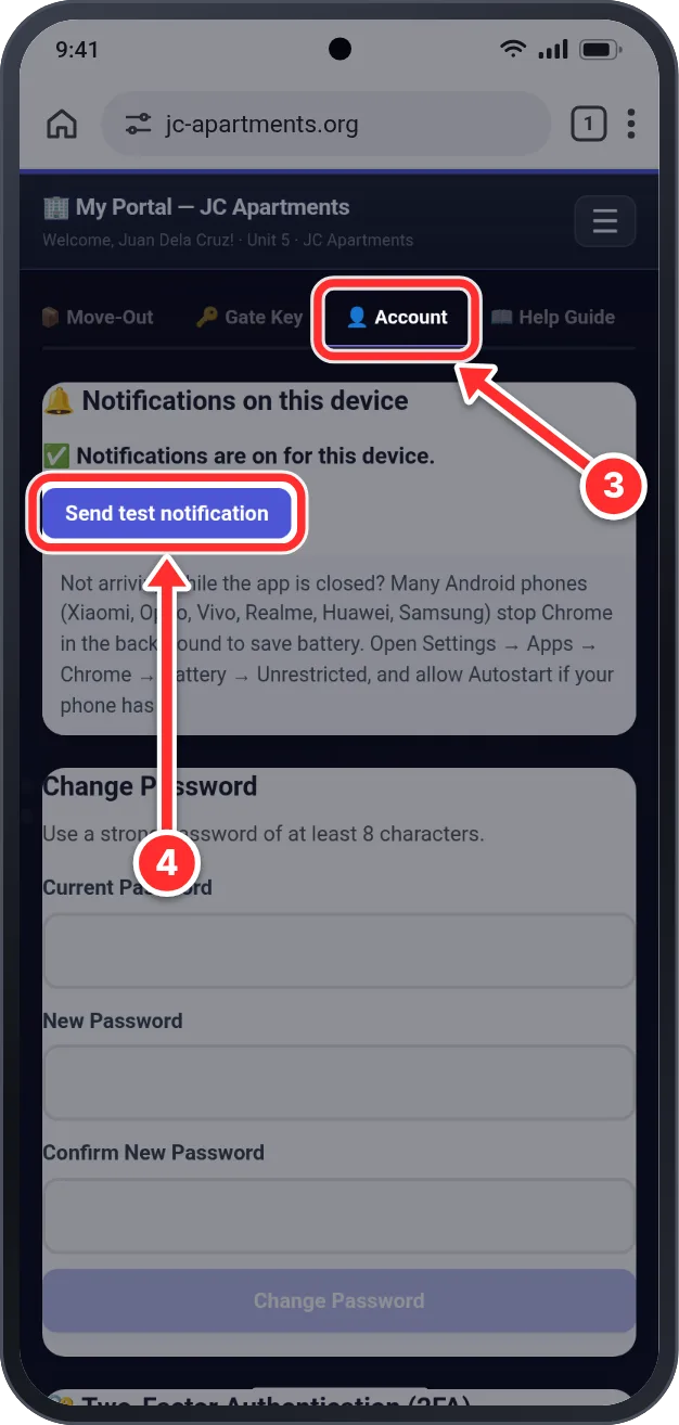 Account tab: Send test notification