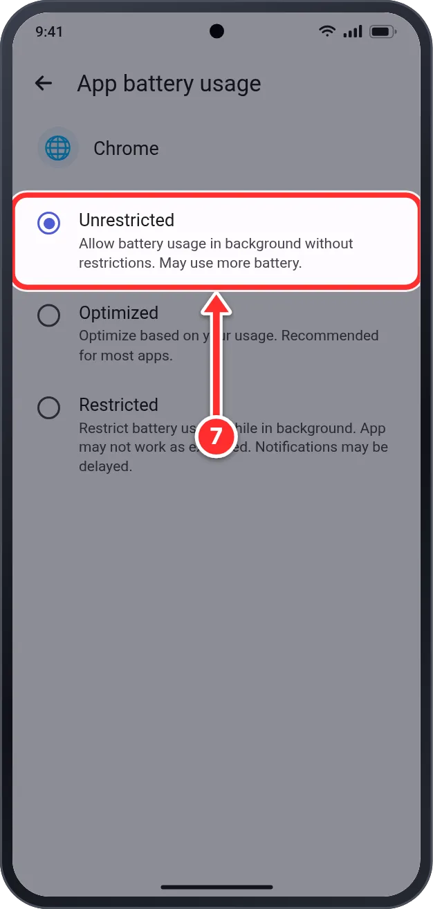 App battery usage: Unrestricted