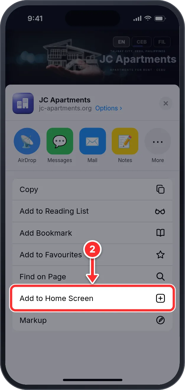 Share menu: Add to Home Screen