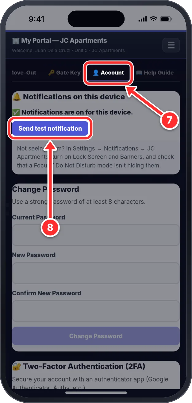 Account tab: Send test notification